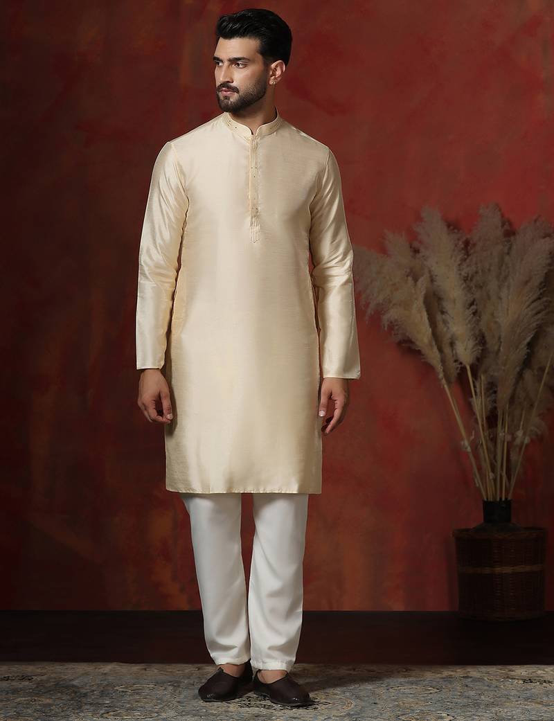 cream dupion kurta pyjama set for men with solid design