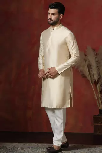 cream dupion kurta pyjama set for men with solid design