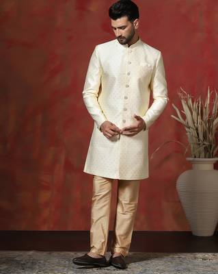 Brown jacquard blend indo western and pyjama set for men with printed design 1