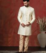 Brown jacquard blend indo western and pyjama set for men with printed design