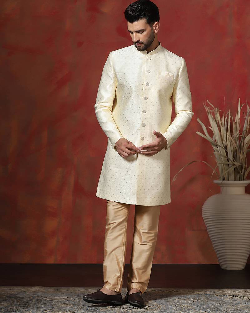 Brown jacquard blend indo western and pyjama set for men with printed design