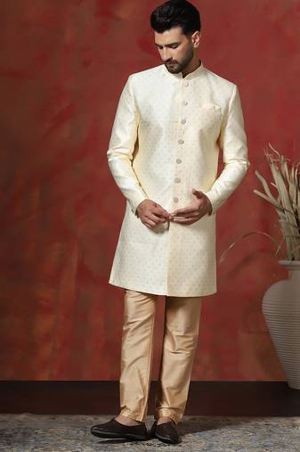 Cream jacquard blend indo western and pyjama set for men with printed design