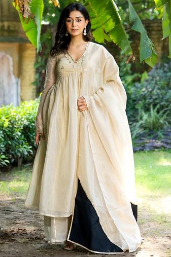 Beige tissue mirror work anarkali sharara set