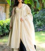 Beige tissue mirror work anarkali sharara set