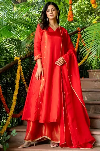 Red cotton hand wrok anarkali set