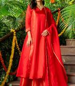 Red cotton hand wrok anarkali set