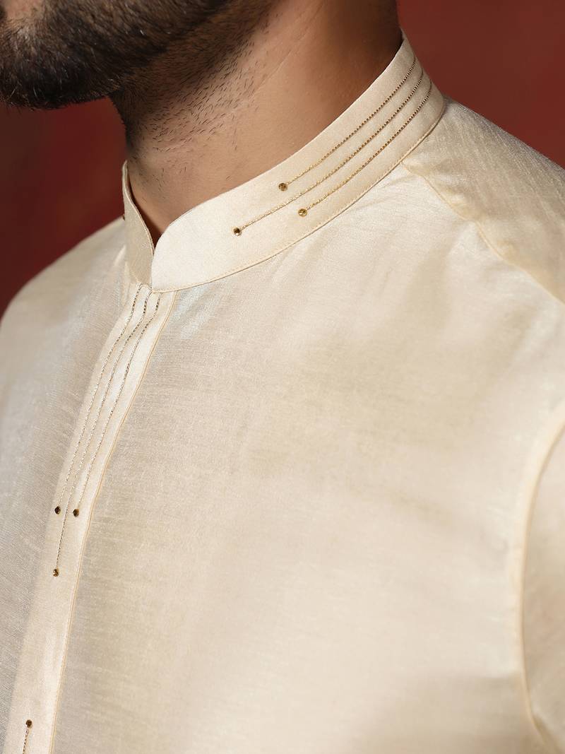 cream dupion kurta pyjama set for men with solid design