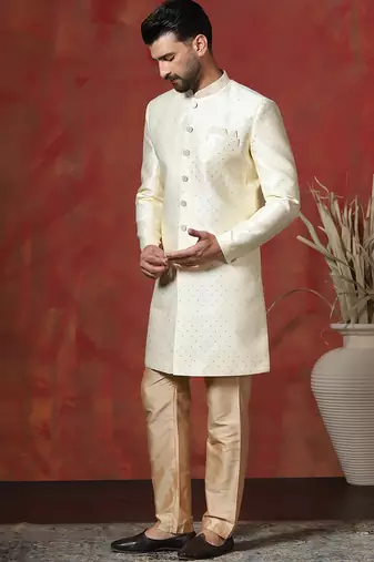 Brown jacquard blend indo western and pyjama set for men with printed design