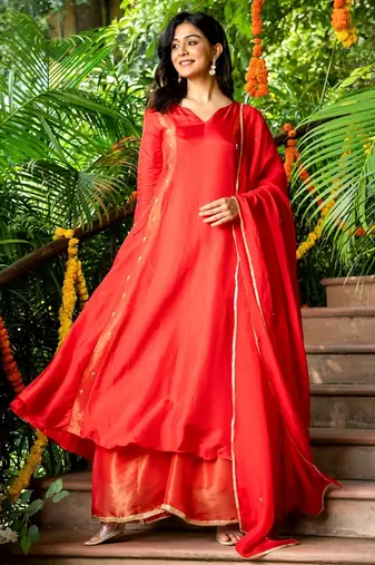 Red cotton hand wrok anarkali set