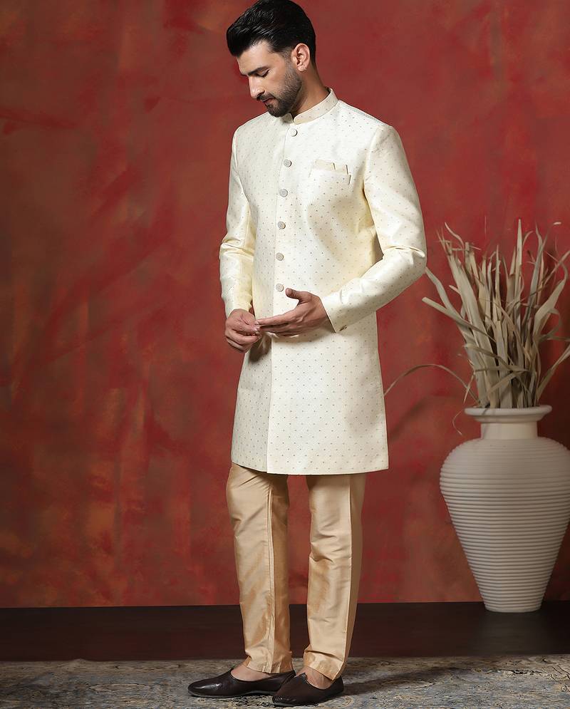 Cream jacquard blend indo western and pyjama set for men with printed design