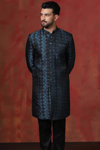 Navy blue jacquard blend indo western and pyjama set for men with printed design