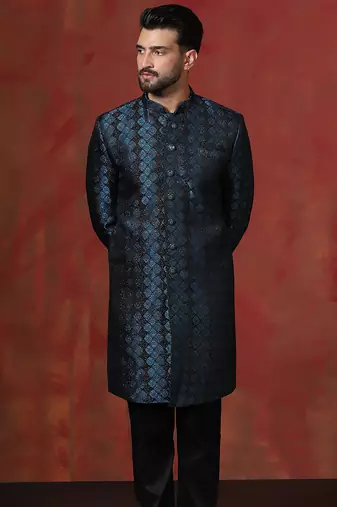 Navy blue jacquard blend indo western and pyjama set for men with printed design