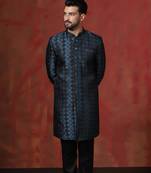 Navy blue jacquard blend indo western and pyjama set for men with printed design