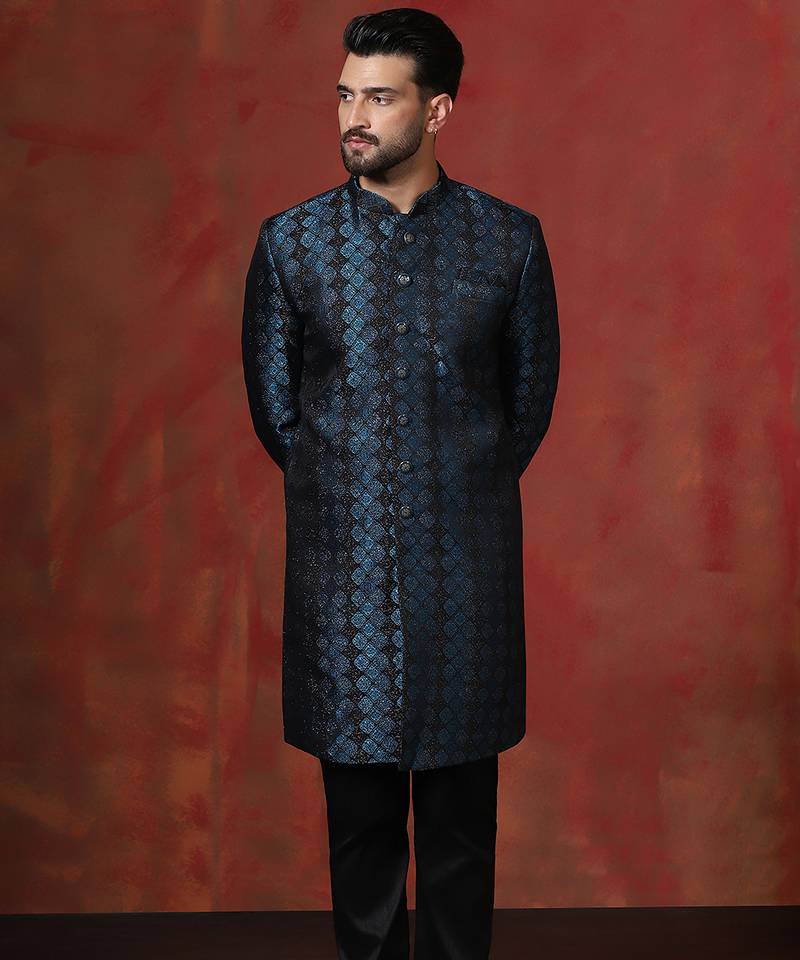 Navy blue jacquard blend indo western and pyjama set for men with printed design