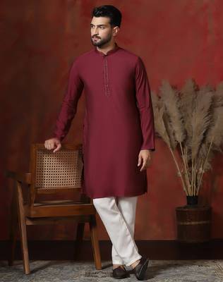 red dupion kurta pyjama set for men with solid design 1