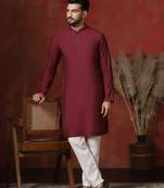 red dupion kurta pyjama set for men with solid design