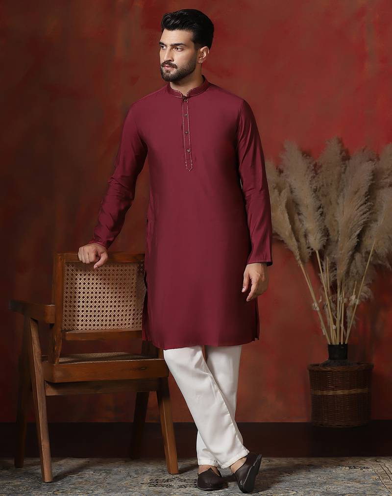red dupion kurta pyjama set for men with solid design