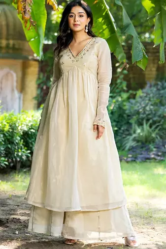Beige tissue mirror work anarkali sharara set