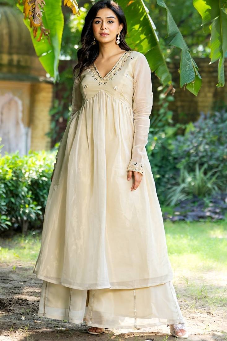 Beige tissue mirror work anarkali sharara set