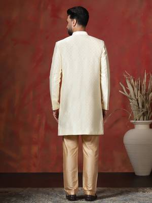 Brown jacquard blend indo western and pyjama set for men with printed design 3
