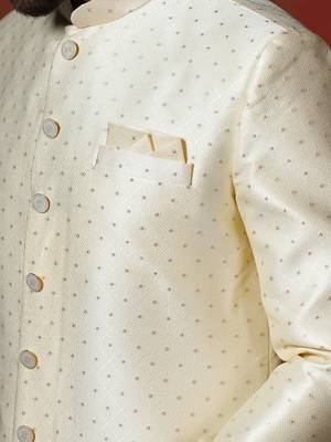 Brown jacquard blend indo western and pyjama set for men with printed design 4