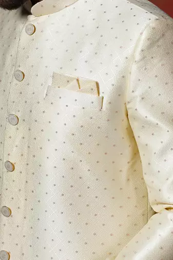 Brown jacquard blend indo western and pyjama set for men with printed design
