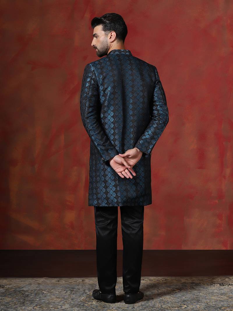 Navy blue jacquard blend indo western and pyjama set for men with printed design
