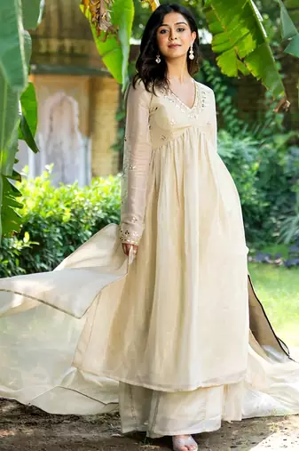 Beige tissue mirror work anarkali sharara set