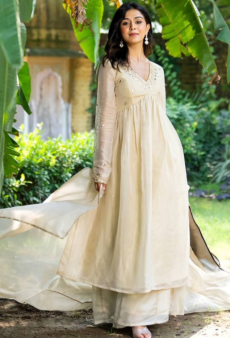 Beige tissue mirror work anarkali sharara set