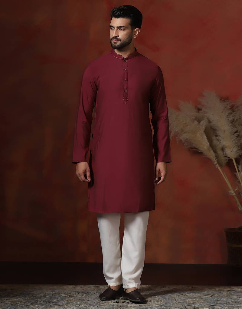 red dupion kurta pyjama set for men with solid design