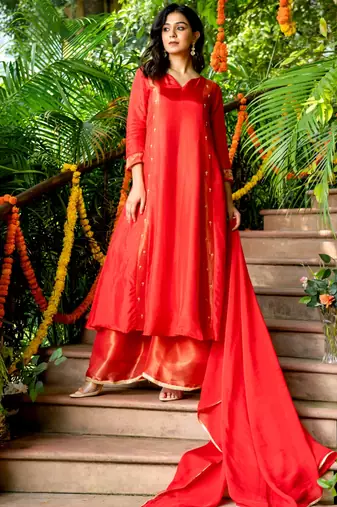Red cotton hand wrok anarkali set
