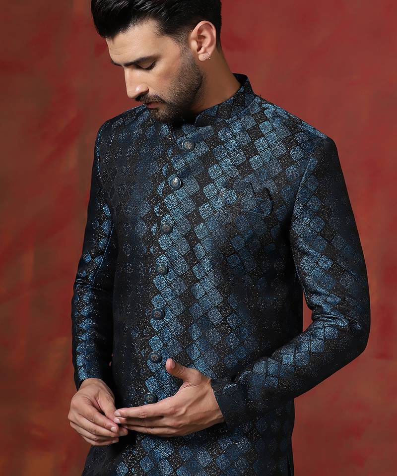 Navy blue jacquard blend indo western and pyjama set for men with printed design