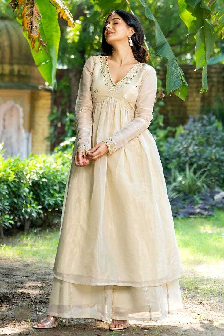 Beige tissue mirror work anarkali sharara set