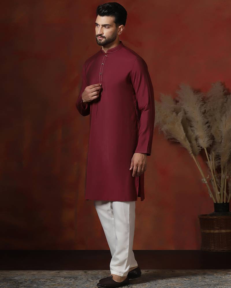 red dupion kurta pyjama set for men with solid design