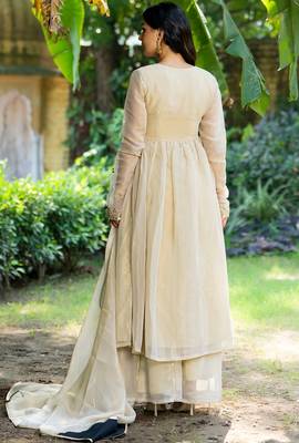 Beige tissue mirror work anarkali sharara set 5