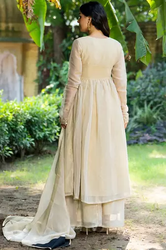 Beige tissue mirror work anarkali sharara set