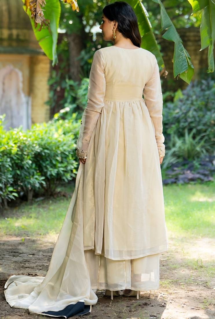 Beige tissue mirror work anarkali sharara set