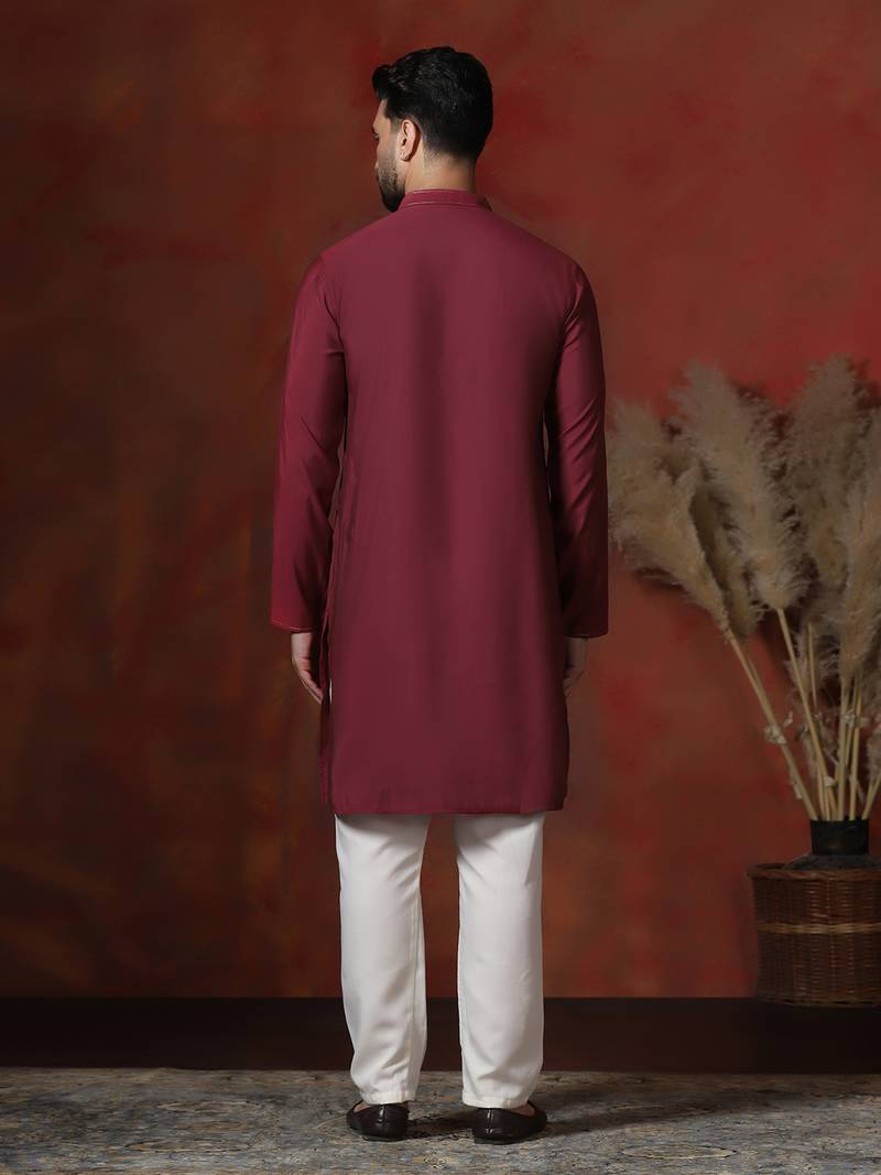 red dupion kurta pyjama set for men with solid design