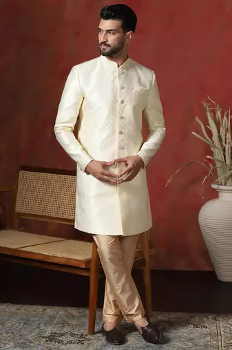 Cream jacquard blend indo western and pyjama set for men with printed design