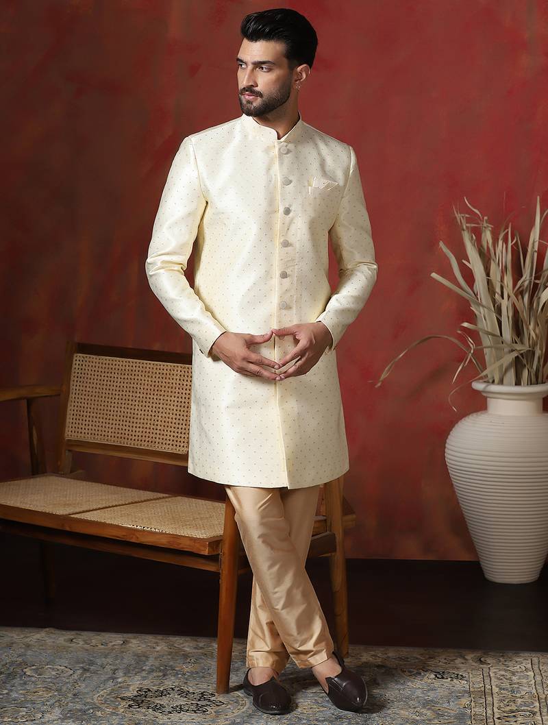 Cream jacquard blend indo western and pyjama set for men with printed design