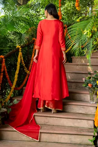 Red cotton hand wrok anarkali set