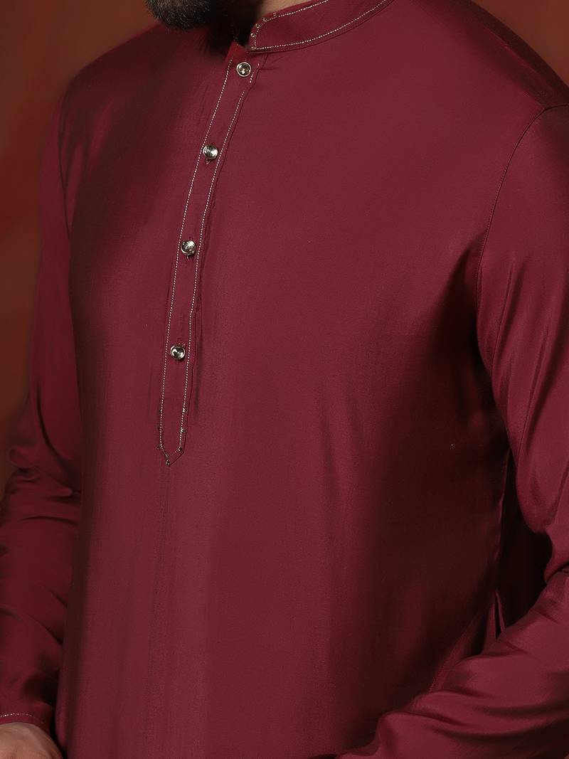 red dupion kurta pyjama set for men with solid design