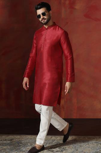 red dupion kurta for men with solid design
