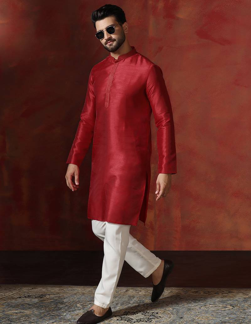 red dupion kurta for men with solid design