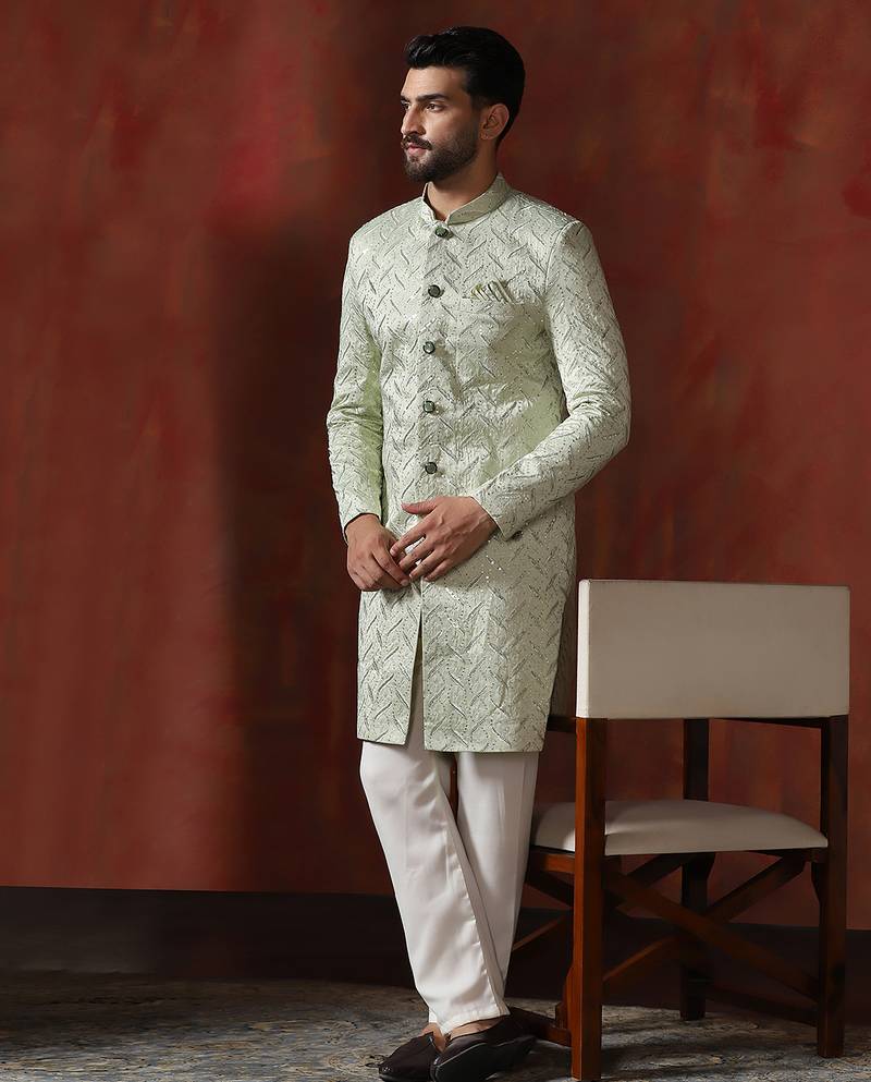 green jacquard blend indo western and pyjama set for men with embroidery work