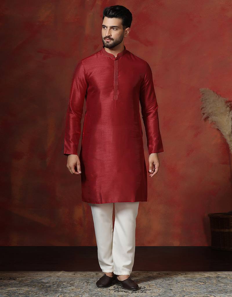 red dupion kurta for men with solid design