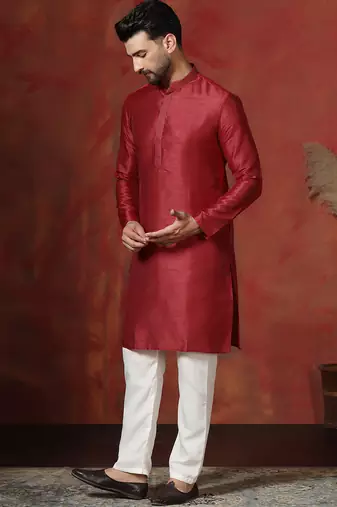 red dupion kurta for men with solid design
