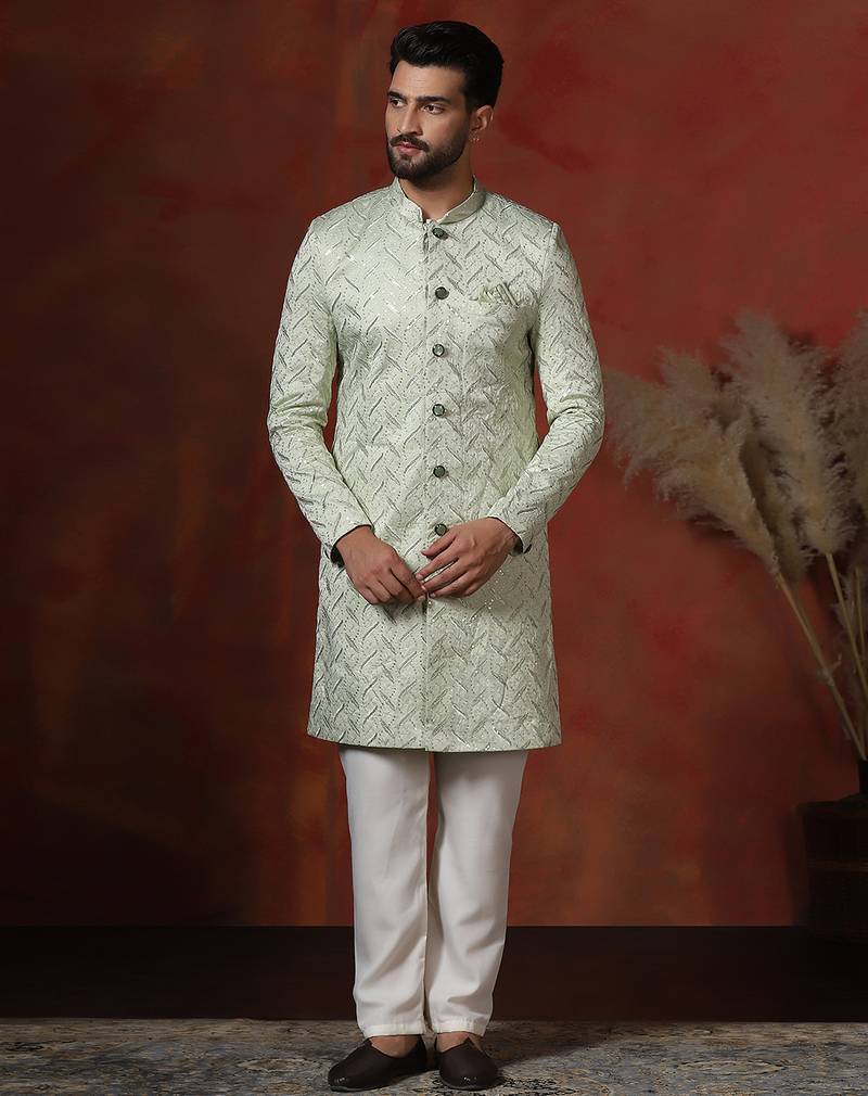 green jacquard blend indo western and pyjama set for men with embroidery work