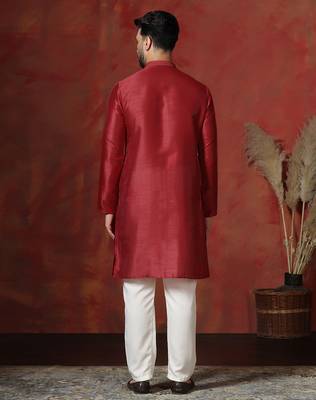 red dupion kurta for men with solid design 4