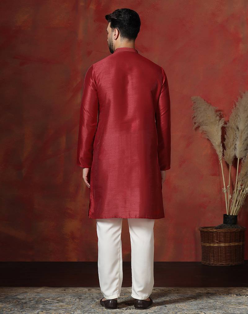 red dupion kurta for men with solid design